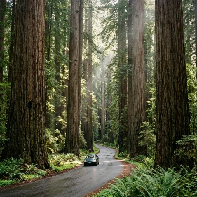 Gaviota State Park 92 Car driving through towering coastal redwood trees on the Avenue of the Giants