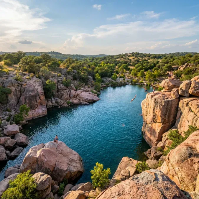 Devils Waterhole with pink granite cliffs and cliff jumpers at Inks Lake State Park Texas