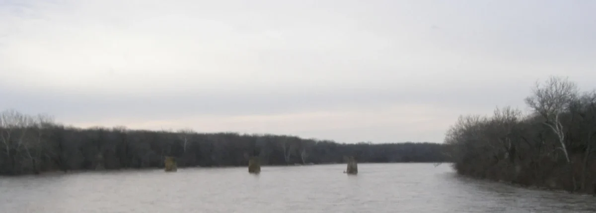 Kankakee River State Park 41 Kankakee River with old bridge piers between wooded banks on an overcast day, Kankakee River State Park, Illinois