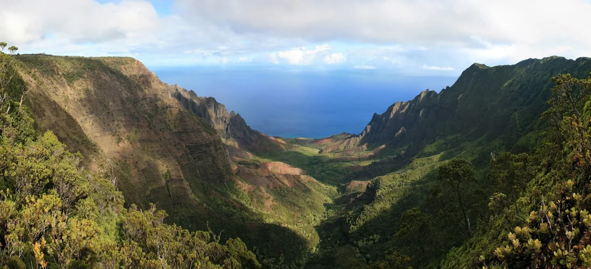 Kalalau Valley opening to the ocean, seen from the edge of Kōkeʻe State Park, Kauaʻi, Hawaii