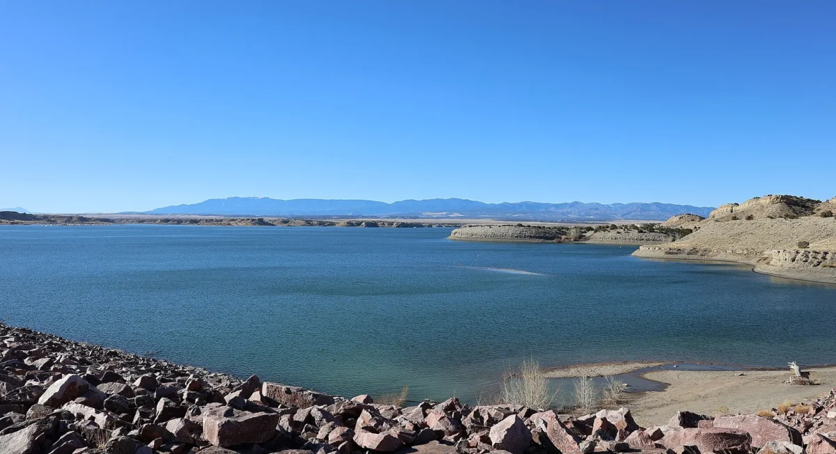 Lake Pueblo State Park 5 Rocky shoreline of Lake Pueblo seen from the north end of the dam, Colorado