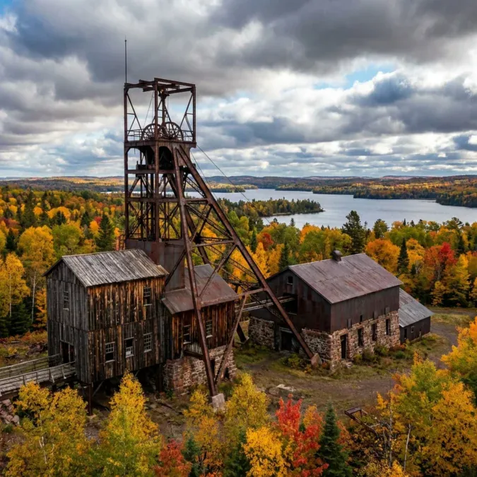 Soudan Mine headframe with Lake Vermilion and fall colors Minnesota