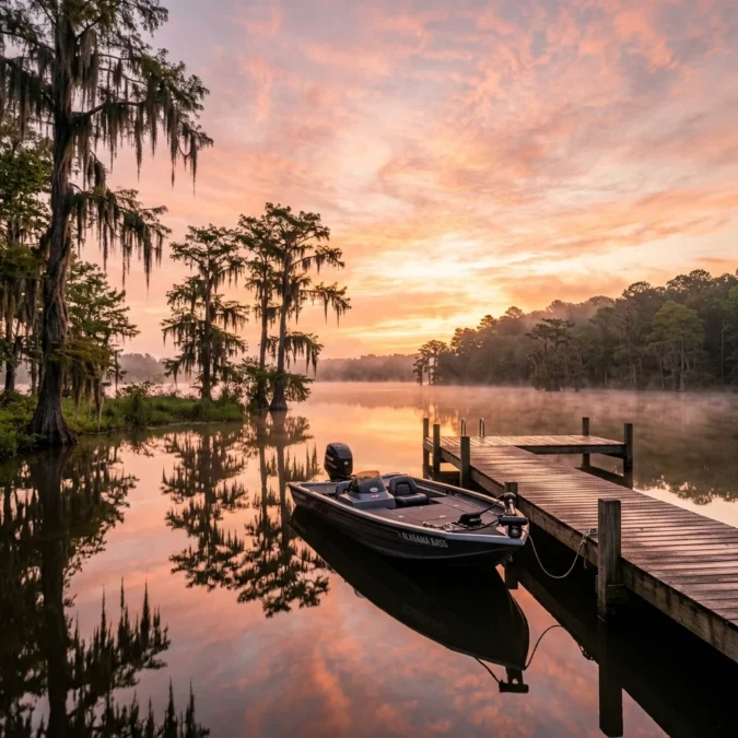 Sunrise over Lake Mitchell Alabama with cypress trees and a fishing boat at the dock