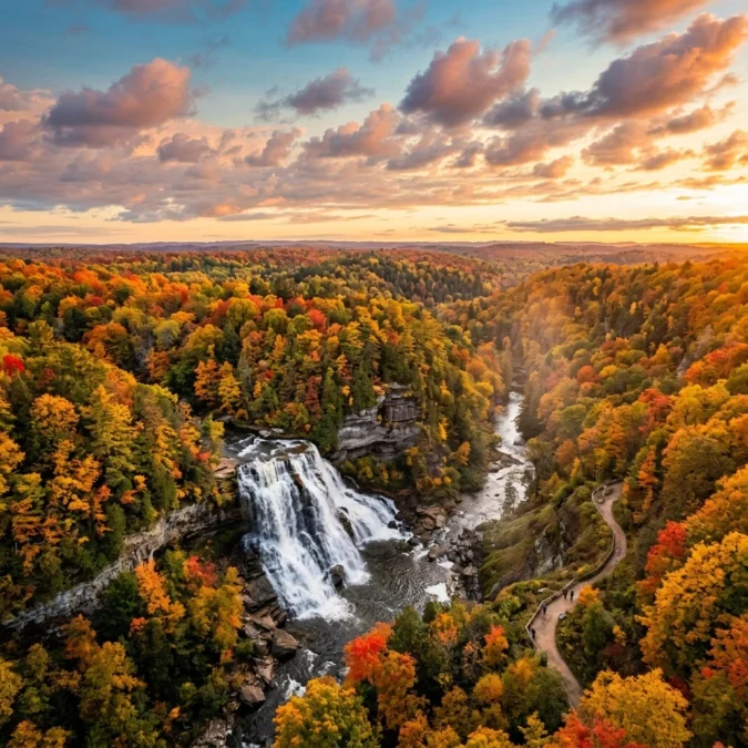 Alcona Dam Pond State Forest Campground 3 Laughing Whitefish Falls waterfall cascading into forested gorge in Michigan during autumn