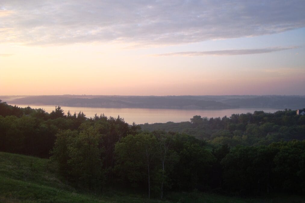 Lewis and Clark Lake on the Missouri River at dawn, the shared reservoir of Nebraska's Lewis and Clark State Recreation Area