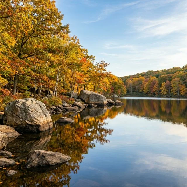 Lincoln Woods State Park in Rhode Island with Olney Pond and glacial boulders surrounded by fall foliage