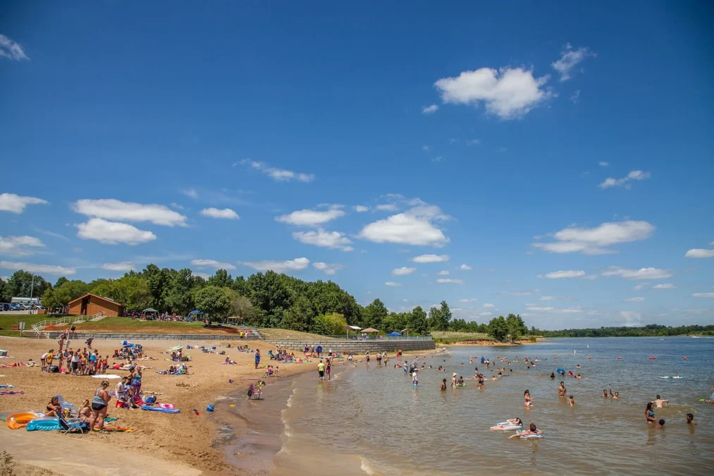 Swimming beach on Long Branch Lake at Long Branch State Park, Missouri