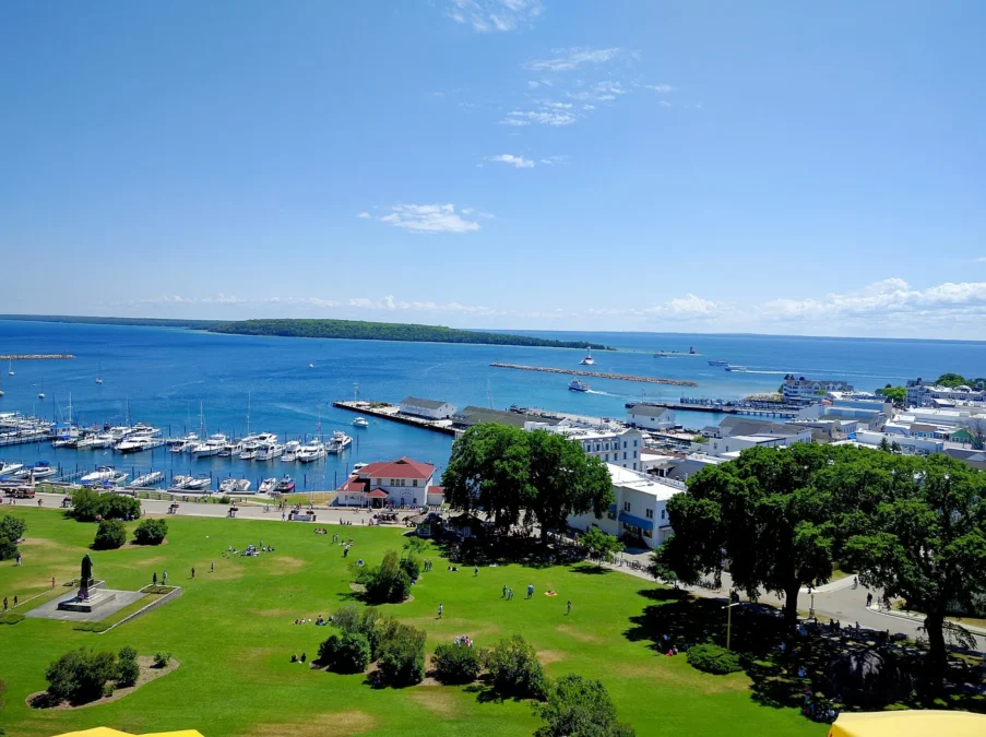 Mackinac Island harbor and Marquette Park seen from Fort Mackinac, Michigan