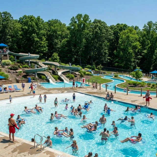 Families enjoying the wave pool and slides at Mahoney State Park Aquatic Center