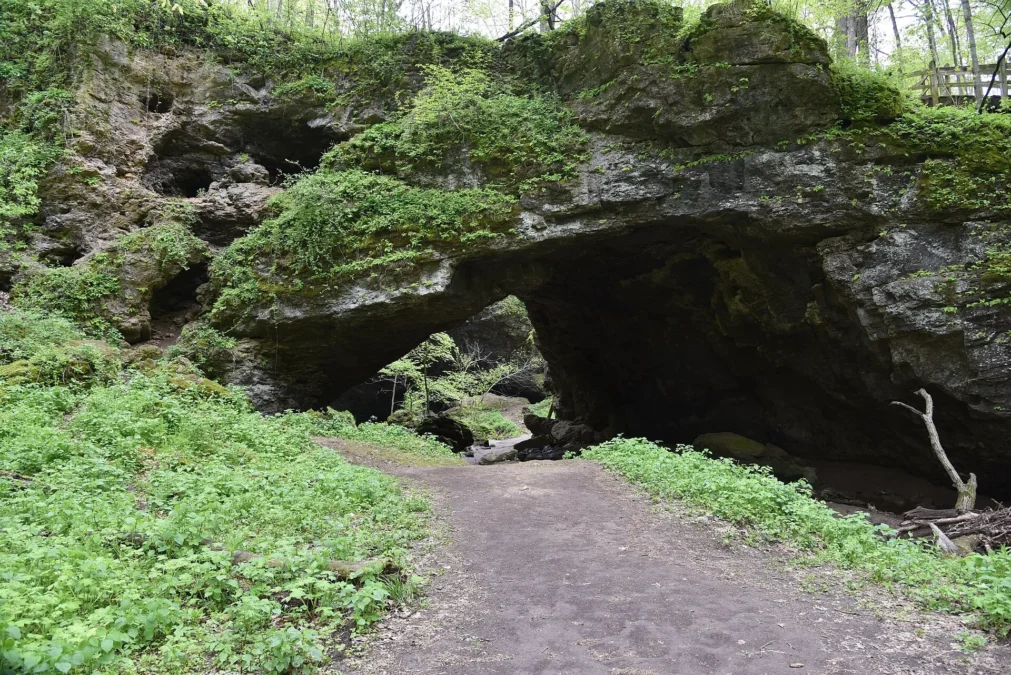 Trail leading to a moss-covered limestone arch and cave entrance, Maquoketa Caves State Park, Iowa