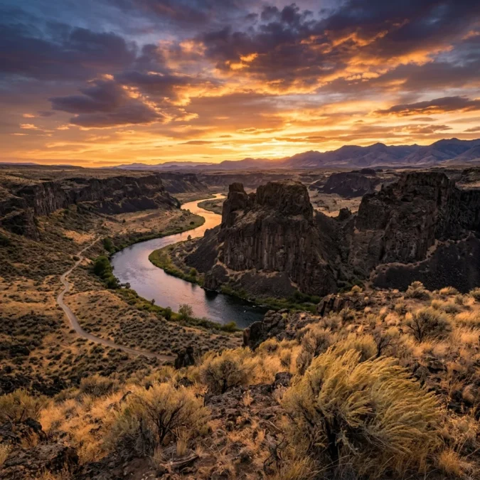 Volcanic basalt formations along Snake River at sunset Massacre Rocks State Park Idaho