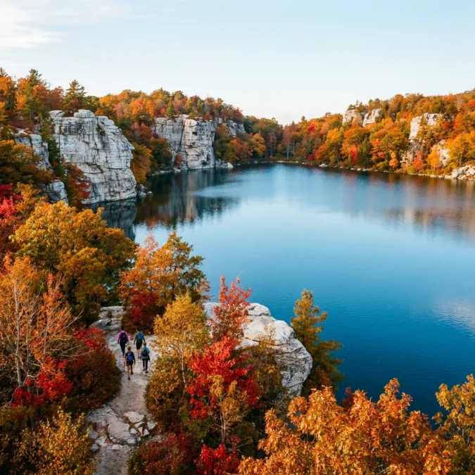 Lake Minnewaska sky lake with white cliffs and autumn foliage at Minnewaska State Park Preserve New York