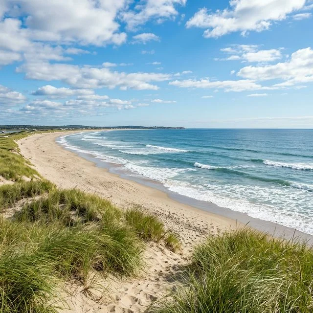 Misquamicut State Beach 1 Misquamicut State Beach in Westerly, Rhode Island with Atlantic Ocean waves and sandy dunes