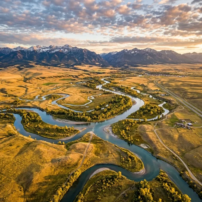 Aerial view of three rivers converging at Missouri River Headwaters State Park Montana