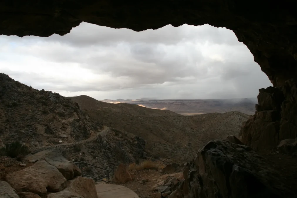 Mitchell Caverns Natural Preserve 73 View from the mouth of Mitchell Caverns over the Mojave Desert, California