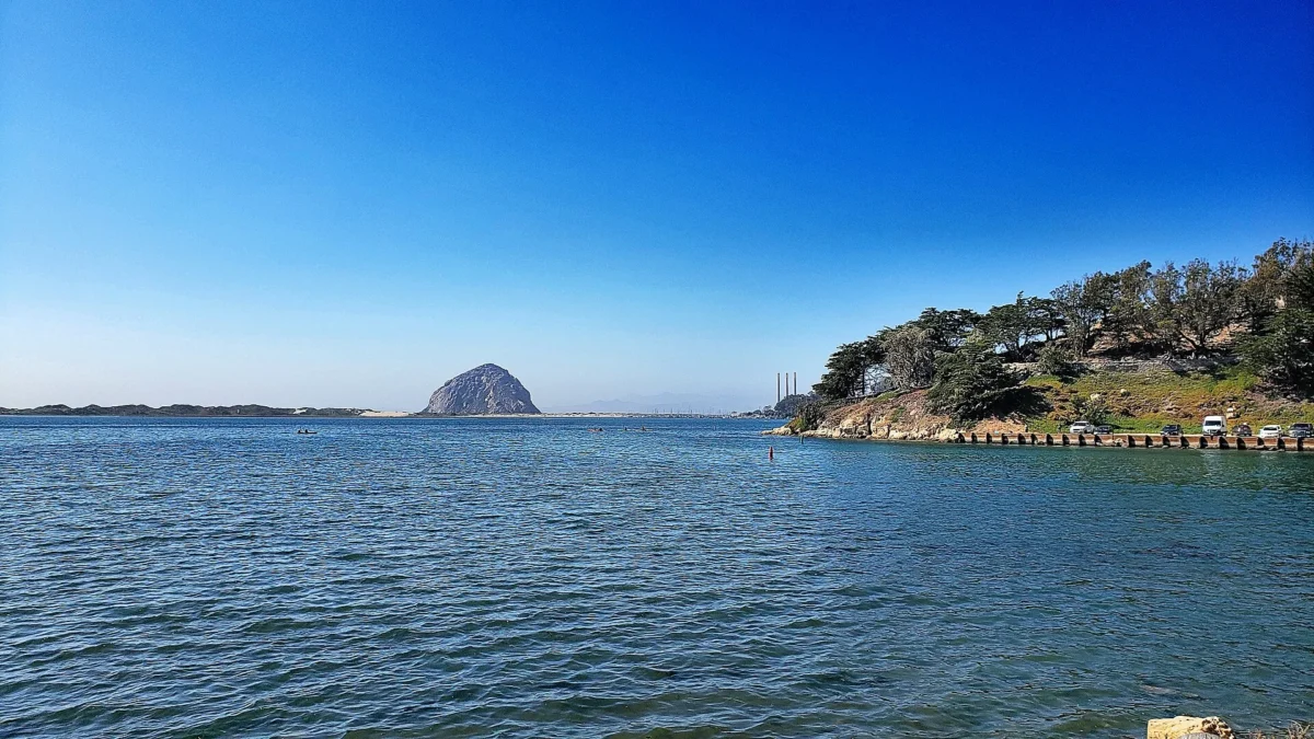 Morro Bay State Park 84 Morro Rock rising across the blue water of Morro Bay, Morro Bay State Park, California