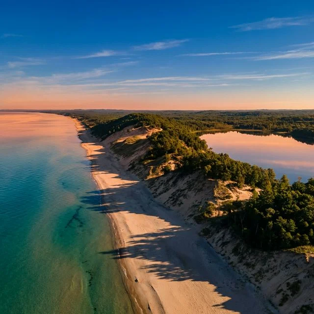 Aerial view of Muskegon State Park sandy beach and forested dunes between Lake Michigan and Muskegon Lake at sunset