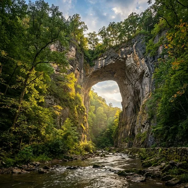 Massive 215-foot natural limestone arch over Cedar Creek gorge at Natural Bridge State Park Virginia