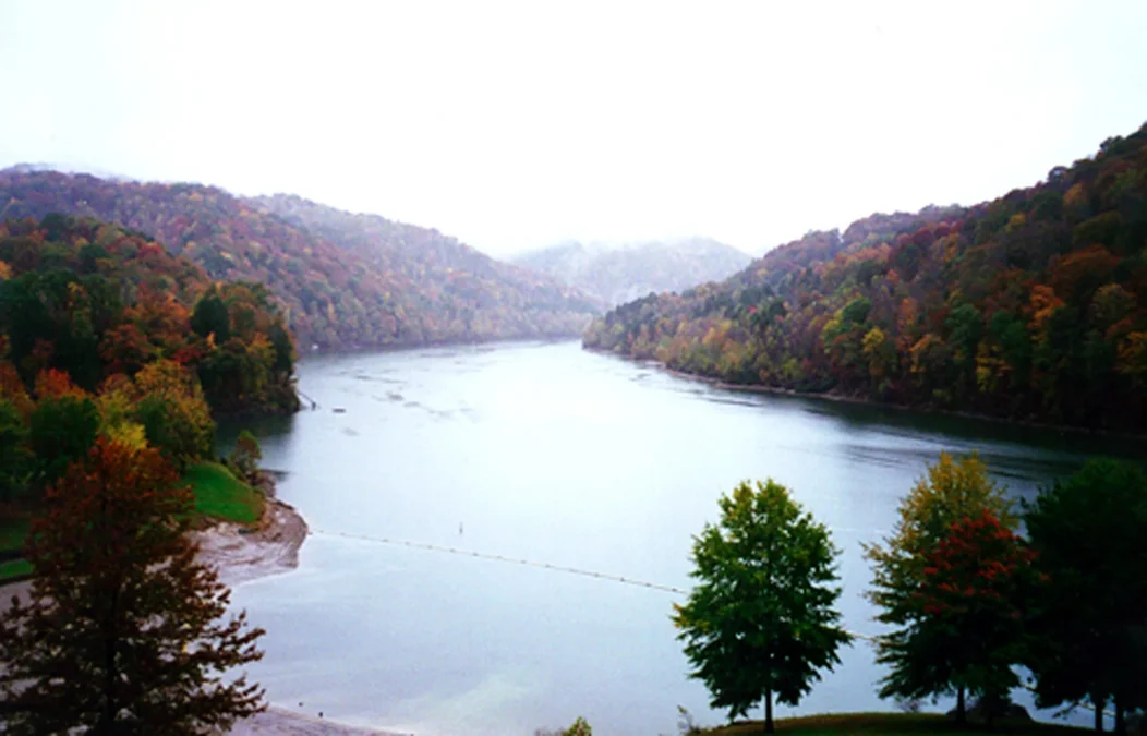 Nolin River Lake between autumn-colored hills in central Kentucky