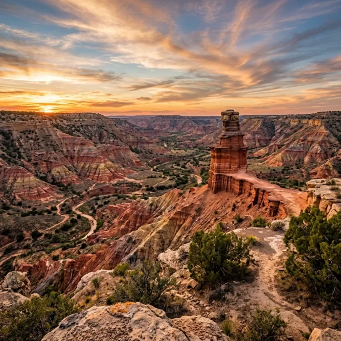 Palo Duro Canyon with Lighthouse hoodoo formation at sunset Texas