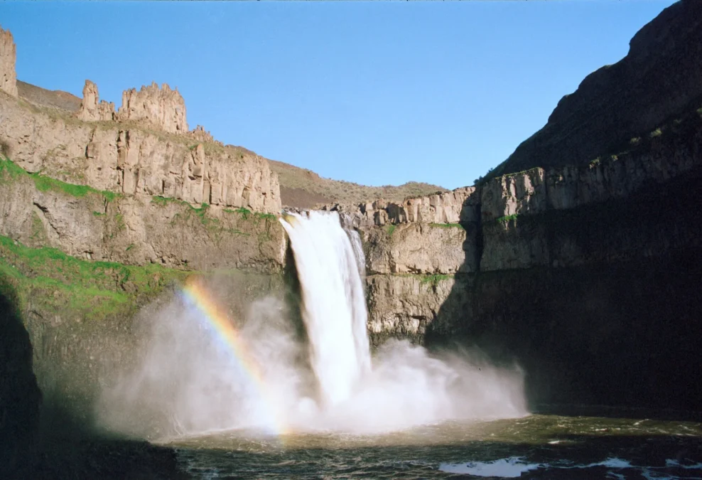 Palouse Falls with a rainbow in its basalt canyon, Palouse Falls State Park, Washington