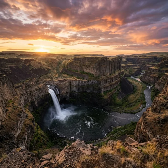 Palouse Falls 200-foot waterfall in basalt canyon at sunset Washington state