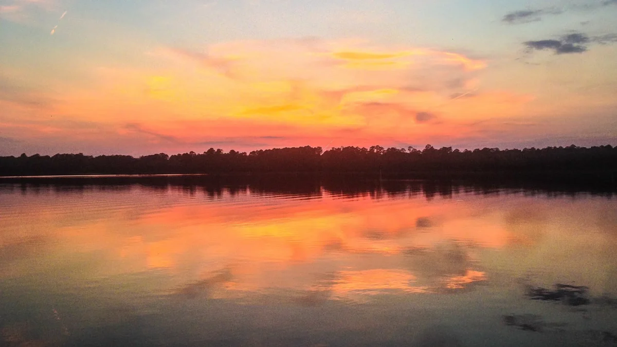 Percy Quin State Park 4 Lake Tangipahoa glowing orange under a sunset sky, Percy Quin State Park, Mississippi