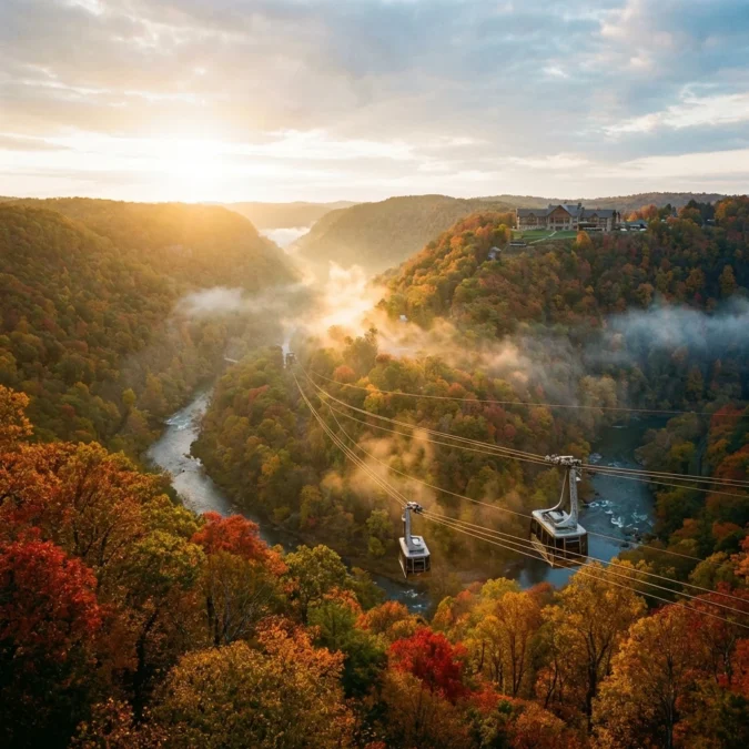 Pipestem Resort State Park aerial tramway descending into Bluestone River Gorge with autumn colors