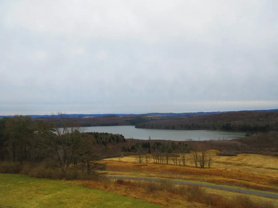 Glendale Lake and autumn fields seen from the water tower at Prince Gallitzin State Park, Pennsylvania