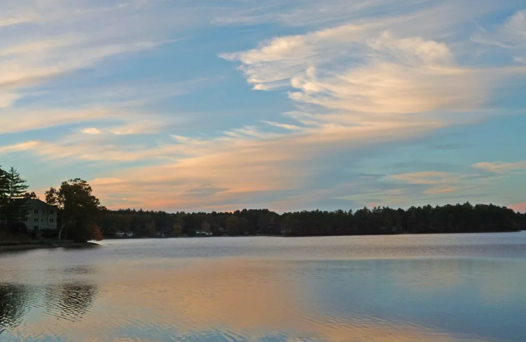 Quaddick Reservoir under a pastel sunset sky, Quaddick State Park, Connecticut