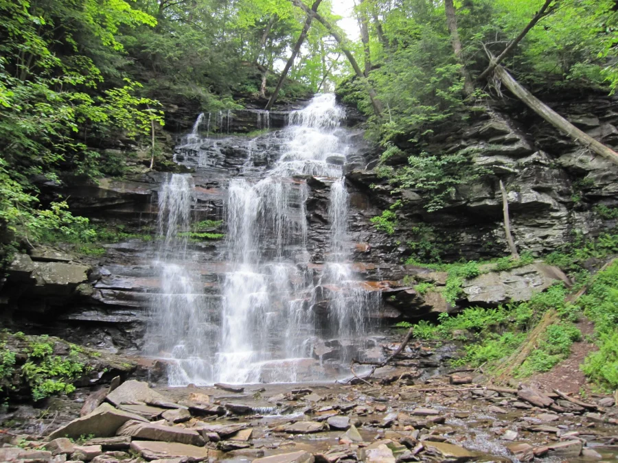 Ganoga Falls tumbling over layered rock in a green glen, Ricketts Glen State Park, Pennsylvania