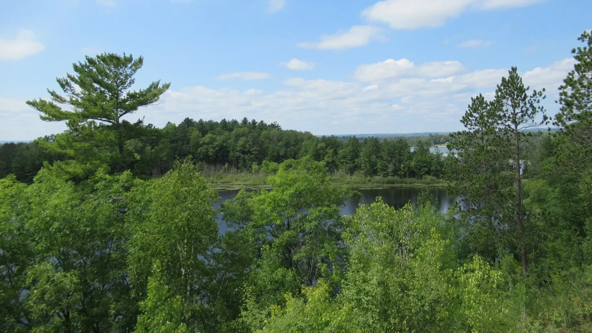 Wooded hills and a lake at Rifle River State Recreation Area, Michigan