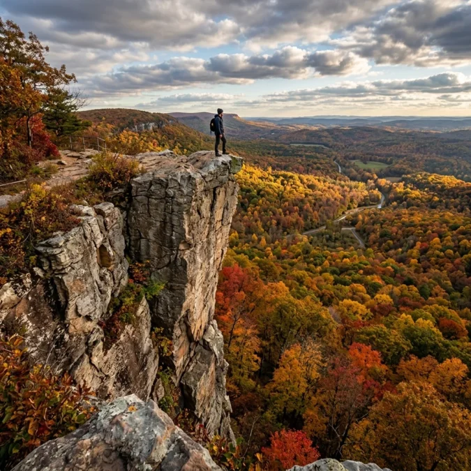 Rocks State Park 53 Hiker standing on King and Queen Seat rock outcrop with fall foliage at Rocks State Park Maryland