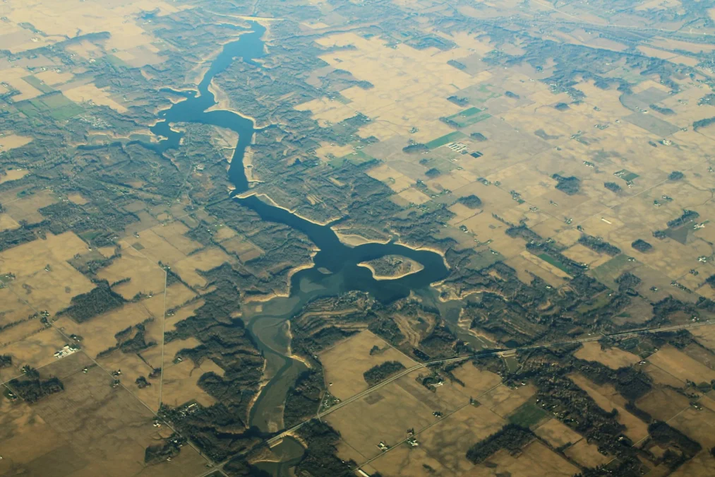 Aerial view of Salamonie Lake winding through farmland, Indiana