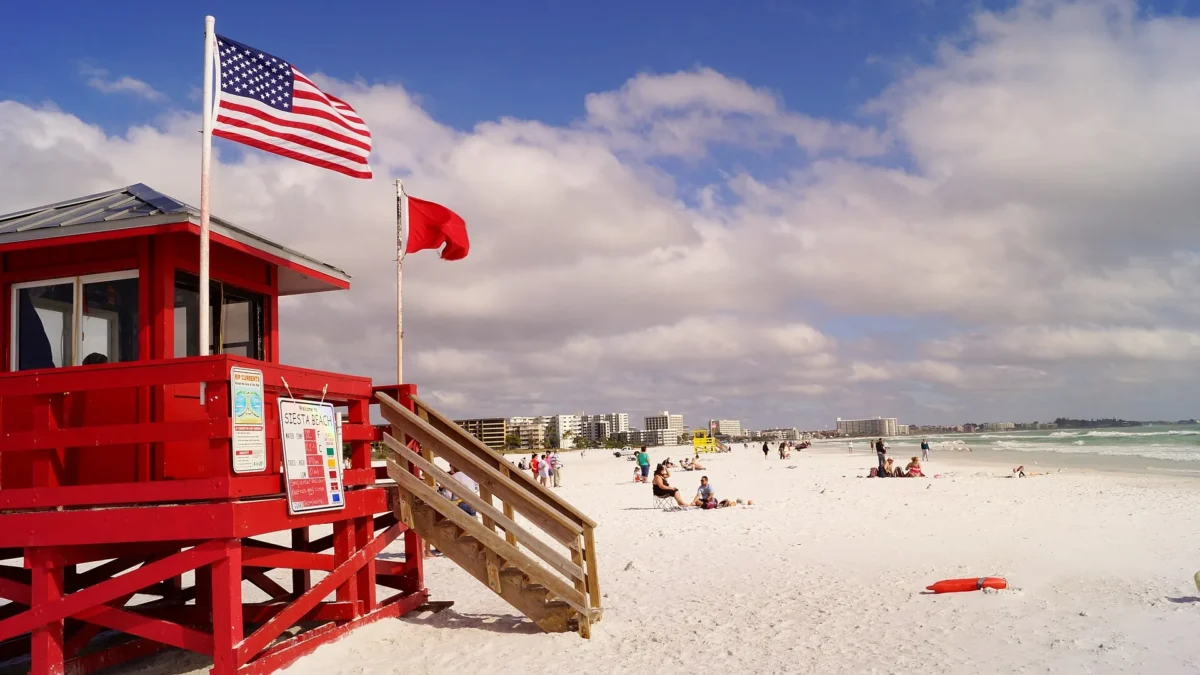 Siesta Key Beach 110 Red lifeguard stand on the white sand of Siesta Key Beach, Florida