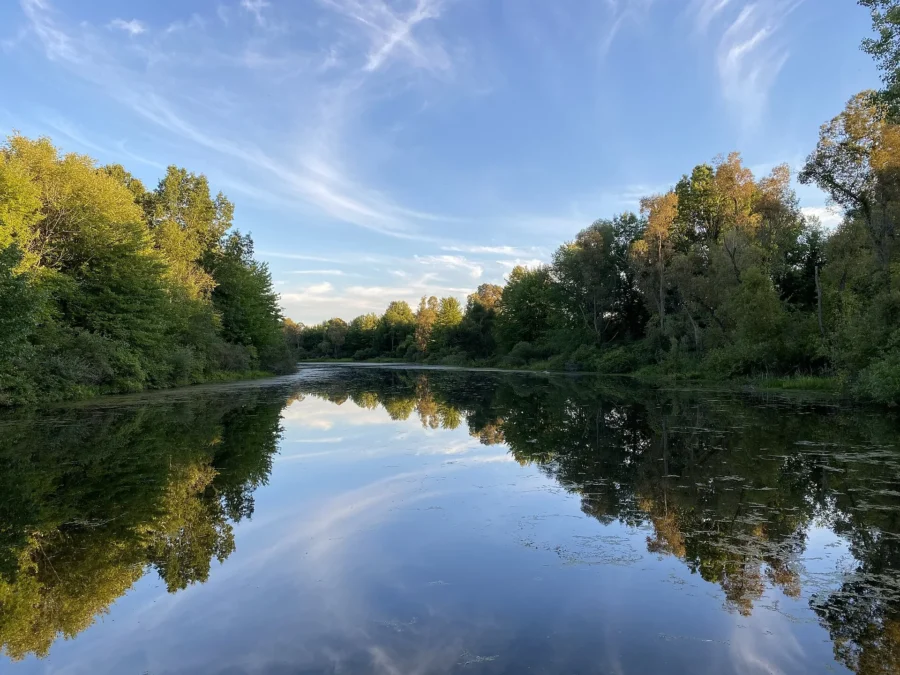 Sunset over Lake Ovid seen from the bridge in Sleepy Hollow State Park, Michigan
