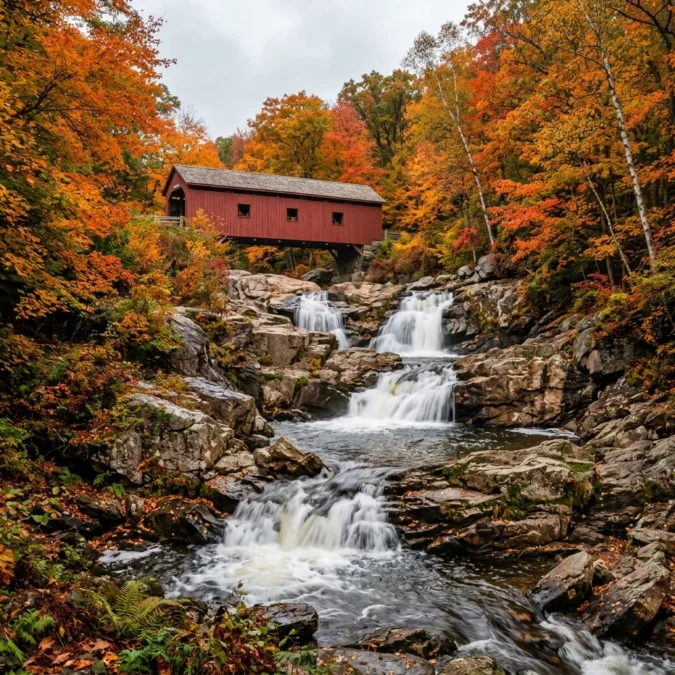 Southford Falls waterfall with red covered bridge and autumn foliage in Connecticut