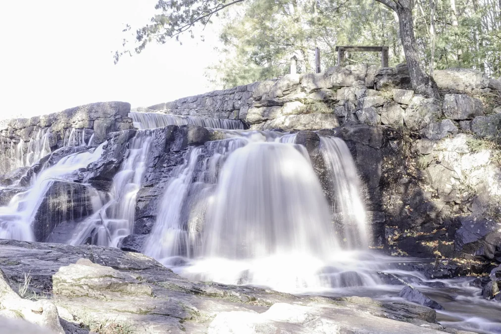 Eightmile River cascading over stone ledges at Southford Falls State Park, Connecticut