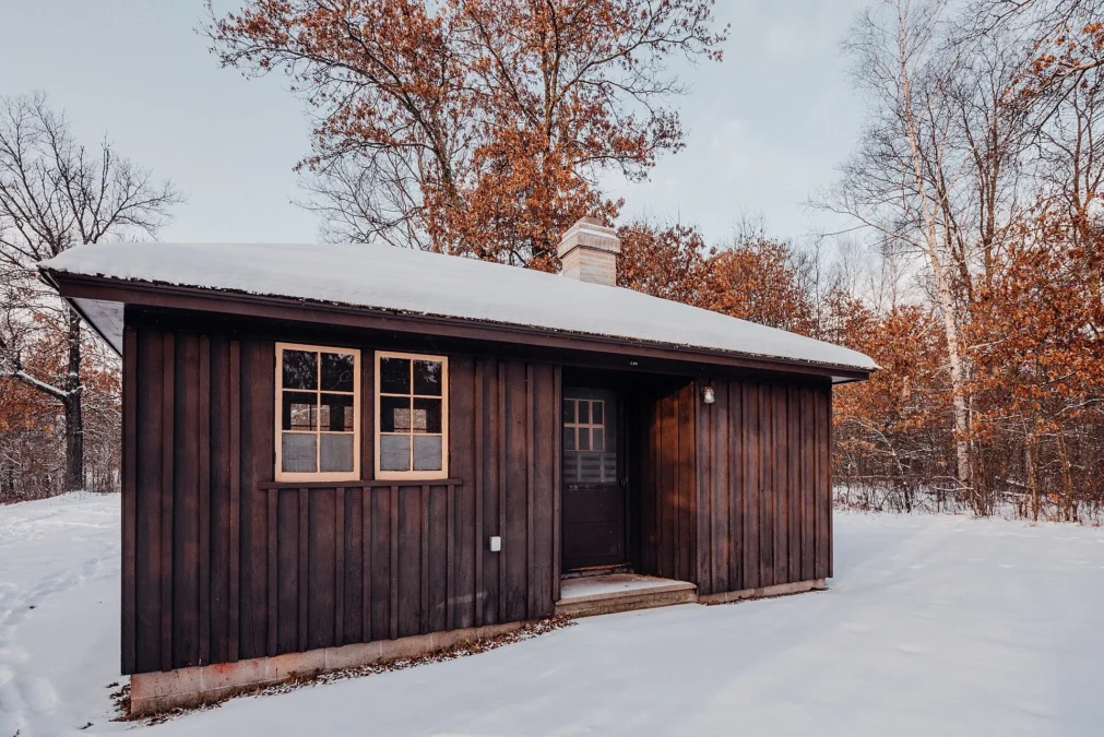 CCC-era camping cabin in winter at St. Croix State Park, Pine County, Minnesota