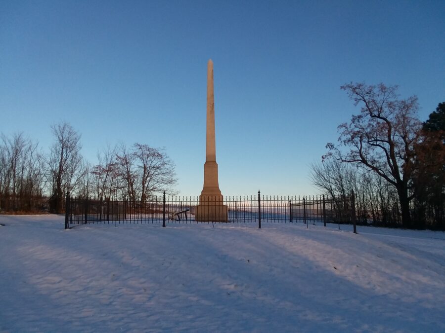 The granite obelisk memorial at Steptoe Battlefield State Park Heritage Site near Rosalia, Washington, in winter light