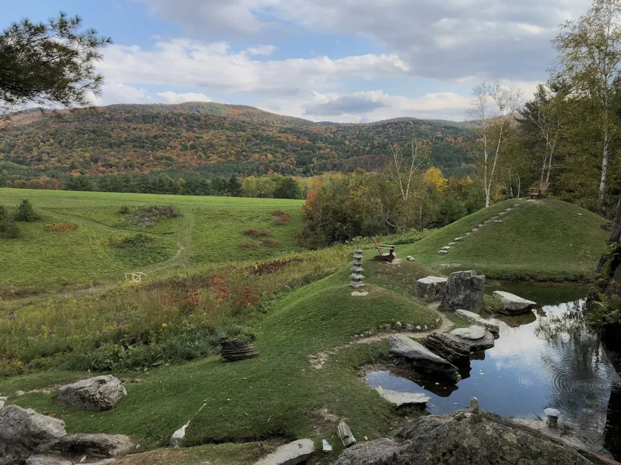 Japanese garden with a pond and stone path at Taconic Mountains Ramble State Park, Vermont, in autumn