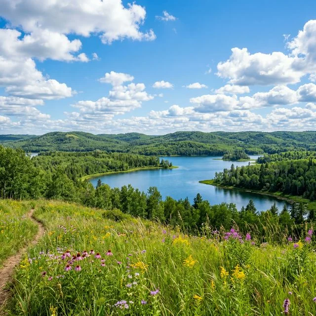 Turtle Mountain State Recreation Area in North Dakota with lakes and forested hills