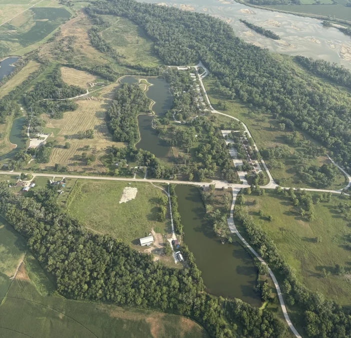 Two Rivers State Recreation Area 36 Aerial view of Two Rivers State Recreation Area with its ponds and railroad-car cabins, Nebraska