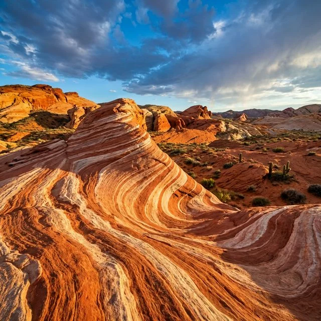 Swirling red and white striped sandstone patterns of the Fire Wave formation at Valley of Fire State Park Nevada
