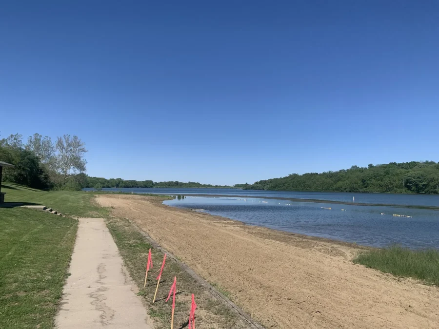 Beach and path along Viking Lake in Viking Lake State Park, Iowa
