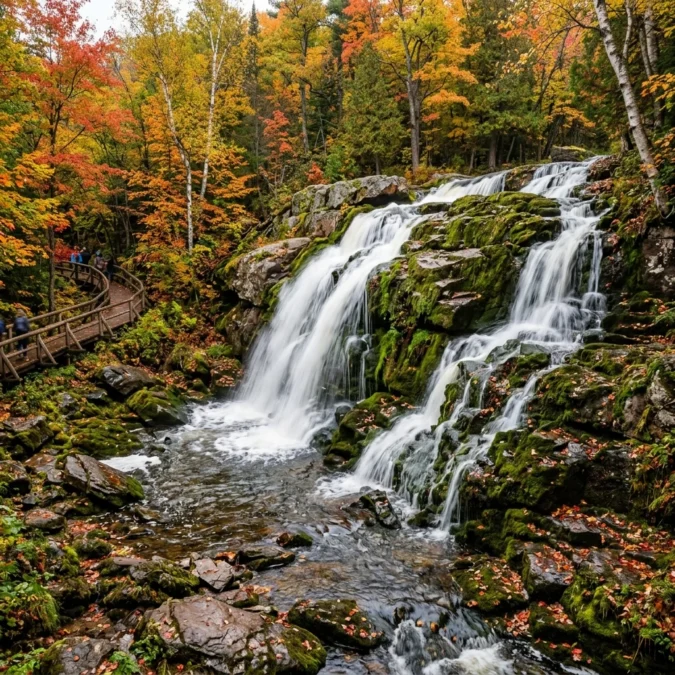 Island Lake State Park 68 Wagner Falls multi-tiered waterfall cascading over mossy rocks in Michigan autumn forest