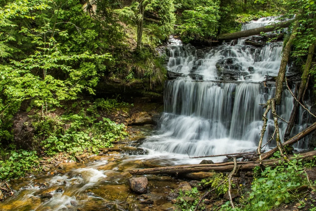 Wagner Falls tumbling over rock ledges in a green forest, Wagner Falls Scenic Site, Michigan
