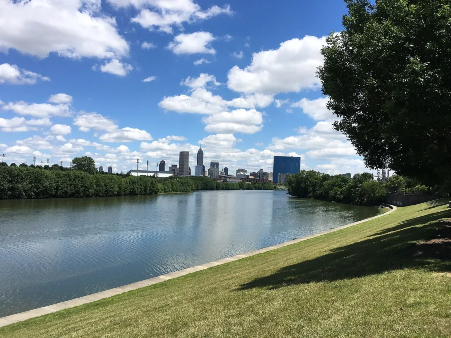 White River and the Indianapolis skyline seen from White River State Park, Indiana
